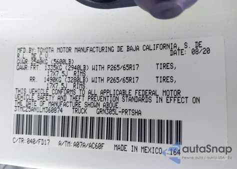 2020 Toyota Tacoma Trd Sport z USA, uszkodzony, nr VIN 3TMCZ5AN1LM360874